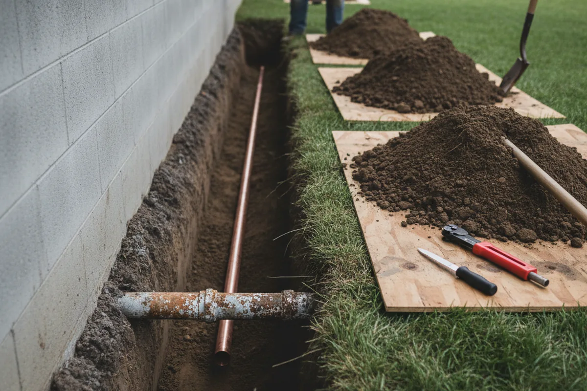 Excavated water line trench during Water Softener Installation in Cove